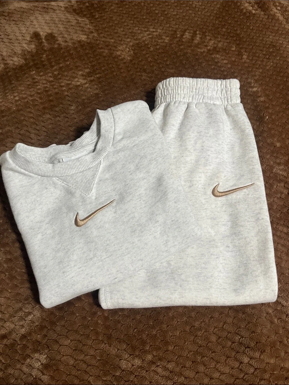 Nike Kids Light Heather Gray Sweatshirt & Joggers with Taupe Swoosh